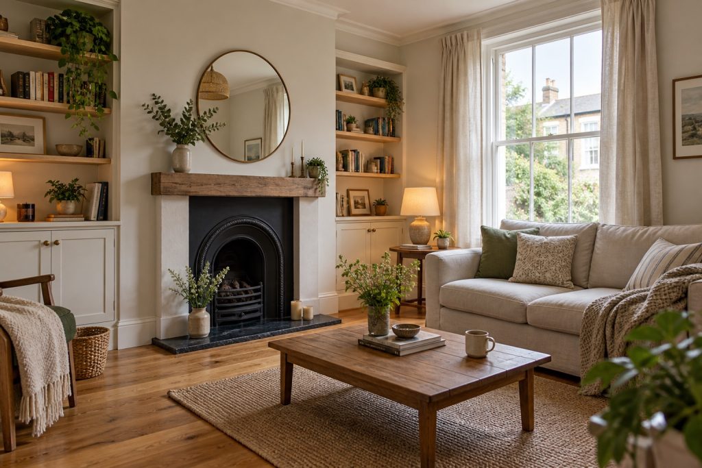 Refreshed living room with neutral walls, timber flooring, alcove storage and soft lighting